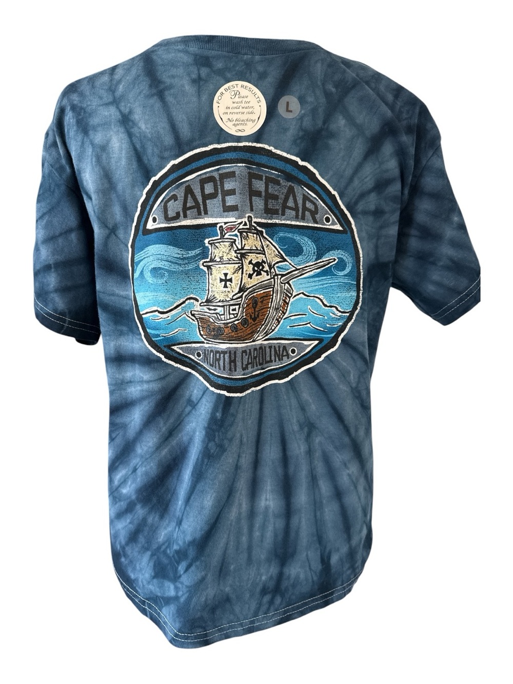 Cape Fear North Carolina Tie-Dye Graphic Souvenir Tee - Pirate Ship Youth L Blue